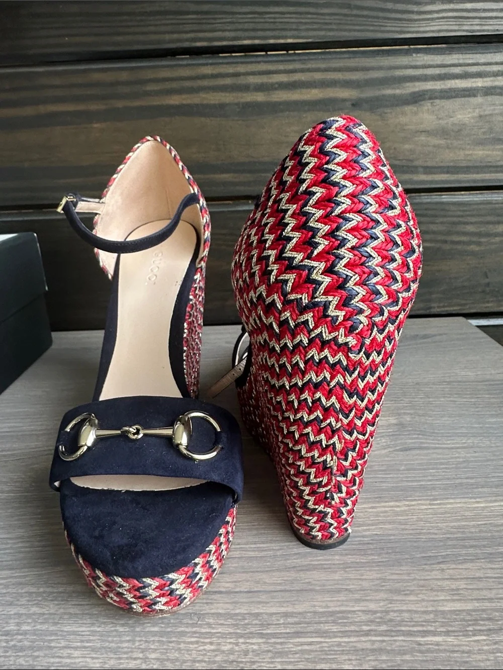 Gucci Navy Suede & Multicolor Woven Wedge Sandals